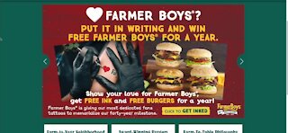 Farmer boys celebrating 40th anniversary with free burger tattoo