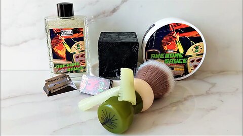 AWESOME SAUCE, full P.A.A. shave, EL FANTASMA razor, PEREGRINO brush and THE CUBE pre-shave.