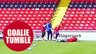 Footage shows hilarious moment a goalkeeper falls into back of the net