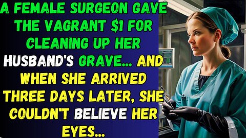 A female surgeon gave the vagrant $1 for cleaning up her husband's grave...