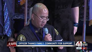 Officer Tom Wagstaff speaks at ceremony in his honor