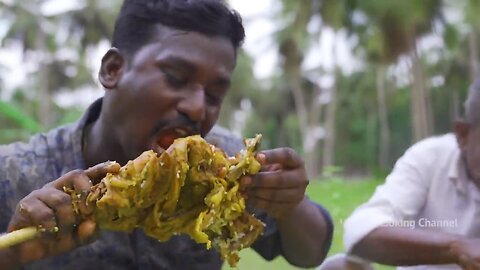 MUTTON LEG PIECE | Cooking & Eating | Mutton Uppu Kari I Full Goat Leg Fry Recipe Cooking In Village