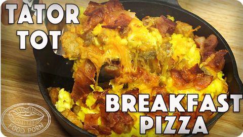 Bacon, egg, and cheese tater tot bareakfast pizza