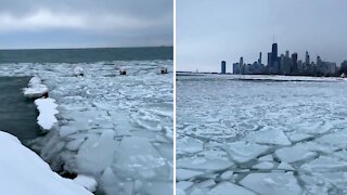 Incredible footage of a frozen Lake Michigan at the Chicago Lakefront