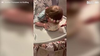 Bebê mergulha no bolo no seu primeiro aniversário