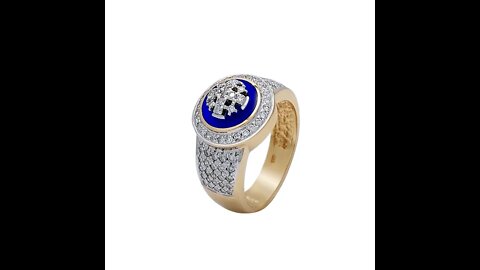 Two Tone 14K Gold Jerusalem Cross Signet Ring with 91 Diamonds and Blue Enamel
