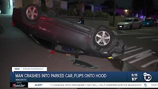 Driver crashes into parked car, flips own car onto hood