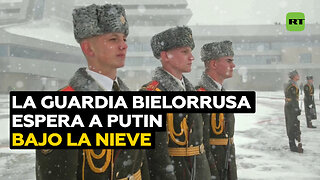 Guardia bielorrusa inmóvil se cubre de nieve mientras espera a Putin