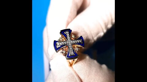 Review 14K Gold Openwork Christian Ring with 25 Diamonds and Blue Enamel