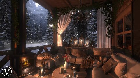 Winter Woodland Porch | Night Ambience | Wood Stove Fireplace & Wind, Snowstorm/Blizzard Sounds