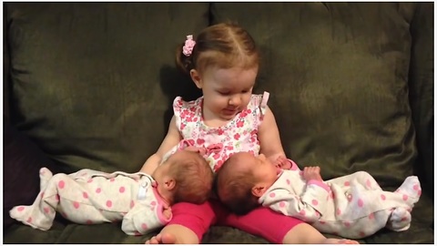 Excited Toddler Meets Her Twin Baby Sisters