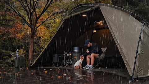 Solo Camping in Rain with My Dog. Relaxing in the Hot Tent. Wood Stove ASMR