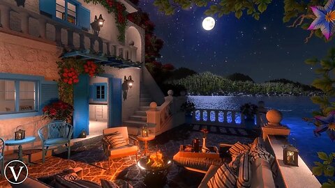 Greek Beach Villa | Night Ambience | Ocean Waves, Fire Pit & Nature Sounds