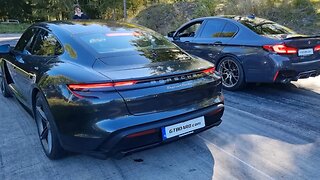 DRAG RACE 635 HP BMW M5 CS vs 680 HP Porsche Taycan Turbo and ROLL RACE 279 km/h 175 mph in 4k 60p