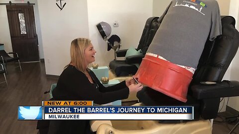 Darrel, a construction barrel from Milwaukee, washes ashore in Muskegon, Michigan