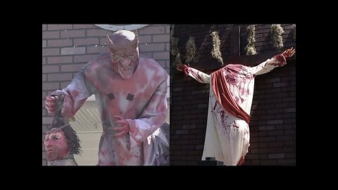 END TIMES! SATANIST PUT'S UP SATAN DECAPlTATlNG JESUS IN HIS YARD FOR HALLOWEEN!