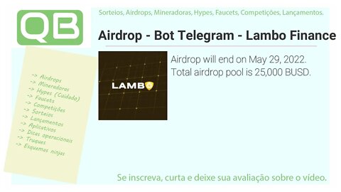 Airdrop - Bot Telegram - Lambo Finance - 29/05/2022 - pool is 25,000 BUSD.