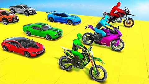 GTA V MEGA RAMP BOATS CARS MOTORCYCLE WITH TREVOR ALL SUPER HEROES NEW STUNT MAP CHALLENG