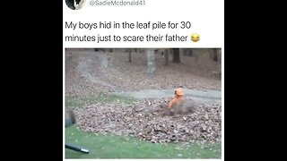Boys scare their father on the leaf pile 😂