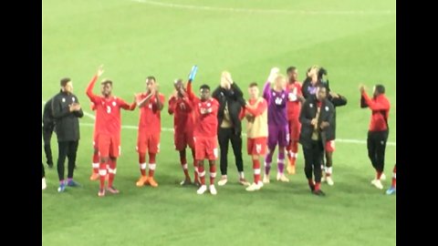 Soccer team dances for fans after huge win