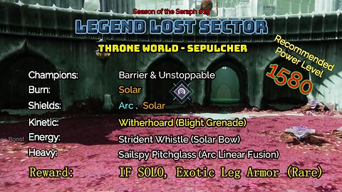 Destiny 2 Legend Lost Sector: Throne World - Sepulcher on my Hunter 1-4-23