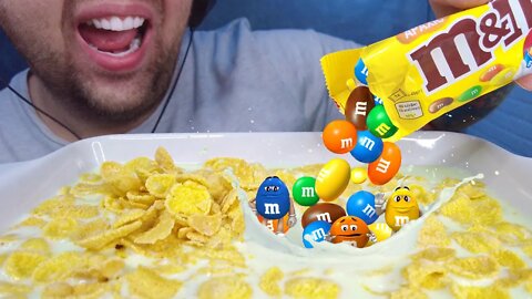 ASMR ULTRA CRISPY CORN FLAKES WITH MILK + M&M's | No Talking