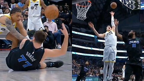 Luka Doncic passes to Kyrie Irving while sitting who lobs it to Derrick Jones Jr 🔥