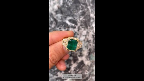 Statement Vivid Dark Green Emerald Cut Emerald & Trapezoid Diamond 3 Stone Halo Ring
