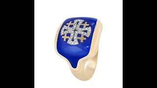 14K Yellow Gold Men’s Jerusalem Cross Christian Ring with 42 Diamonds and Blue Enamel