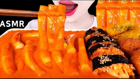 ASMR CREAMY ROSE TTEOKBOKKI, CHEESE BALL, GIMBAP 신전 로제떡볶이, 치즈볼, 김말이, 신전김밥 EATING SOUNDS MUKBANG먹방