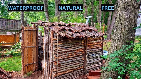 Unique tree bark bushcraft roof build