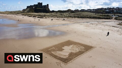 Sand artist uses garden rake to create giant first-class stamp featuring portrait of The Queen