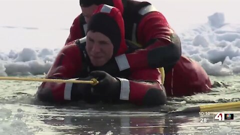 Overland Park Fire Department uses Arctic blast to practice ice water rescues
