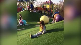 Little Girl Goes Sledding on Cardboard