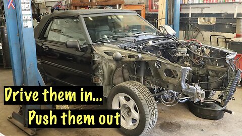 Removing the engine from the 1993 Mustang GT so we can work on the frame rails