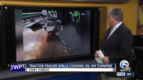 Tractor-trailer crash spills cooking oil onto Florida's Turnpike near Fort Pierce