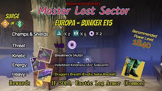 Destiny 2 Master Lost Sector: Europa - Bunker E15 on my Solar Hunter 1-4-24
