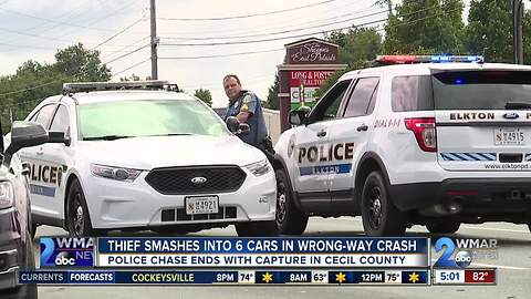 Thief smashes into 6 cars in wrong-way crash