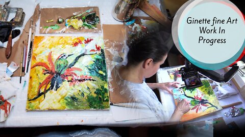 Ginette Paints A Tropical Bird with Palette Knife Impressionist Oil Painting