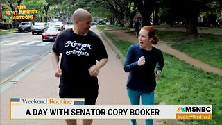 Democrat Spartacus Booker: "I'll break through the 500 days in a row of running." Democrat Psaki: "Wow! You're like the postal service."