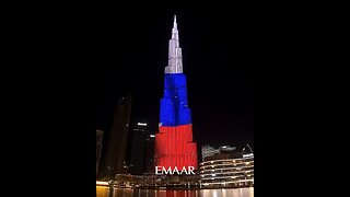 Burj Khalifa skyscraper in Dubai lit up for Russia Day.