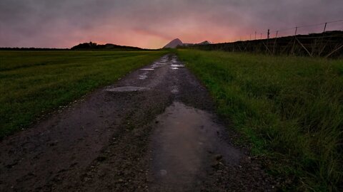 Evening rain on a gravel road near a field in the Vesterålen region of Norway