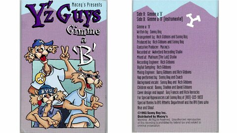 The Y'z Guys "Gimme a B" Cassette single - BYU rap - Side A (vocals)