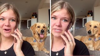 Woman pretends to be on the phone while using her dog's favorite words
