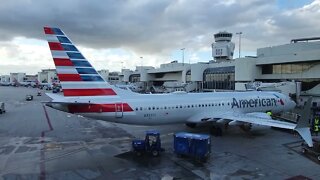 American Airlines B737-Max parked at the gate in Miami.