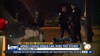 Armed couple steals car, robs two stores
