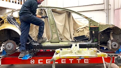 Tesla Model 3 B pillar replacing and welding on Celette bench