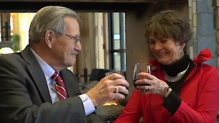 Elderly couple celebrates Valentine's Day and one-year anniversary