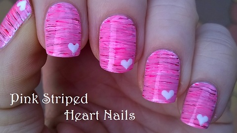 Pink Striped Nail Art With Heart Design