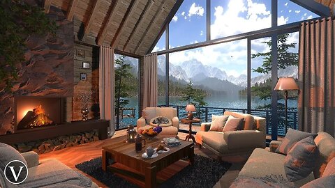 Swiss Alps Chalet | Day & Sunset Ambience | Lakeshore, Nature & Fireplace Sounds